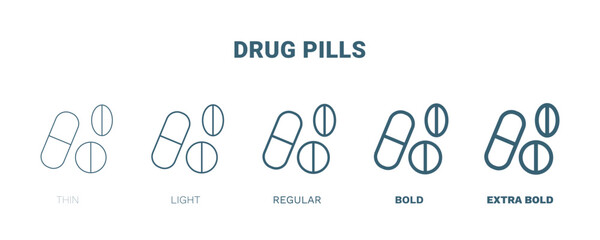drug pills icon. Thin, light, regular, bold, black drug pills icon set from medical and healthcare collection. Editable drug pills symbol can be used web and mobile