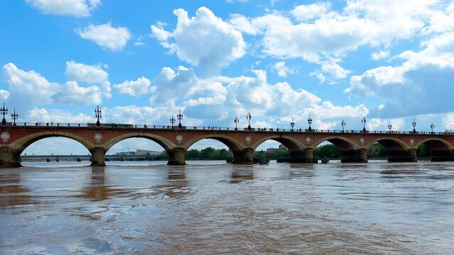 Stone bridge over Garonne river in Bordeaux, France. High quality 4k footage