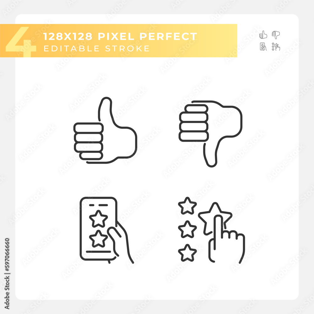 Poster rating of customer service pixel perfect linear icons set. online reaction on products. feedback on 