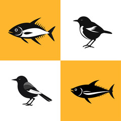 Animal icon-illustration set. Vector graphics silhouette, tuna and bird