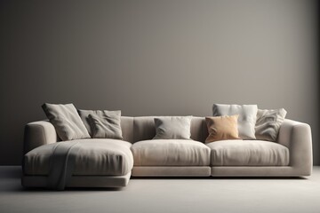 Contemporary couch in soft colors on a white background. Generative AI