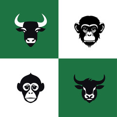 Animal icon-illustration set. Vector graphics silhouette, tuna and monkey