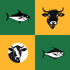 Animal icon-illustration set. Vector graphics silhouette, cow and tuna