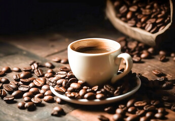 Hot coffee cup with coffee beans, Wallpaper coffee