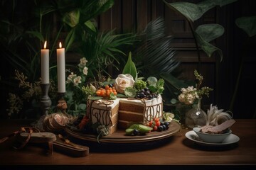 Fototapeta na wymiar A cake with utensils, table decor, and foliage. Generative AI