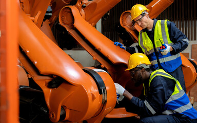 Engineer using laptop to program robotic arm, Industrial automation.