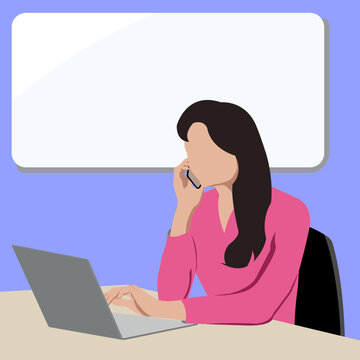 A faceless girl with a phone in her hand sits at a laptop. Online education concept, business concept. Vector image