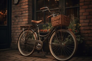 Fototapeta na wymiar A bike with baskets on both wheels is parked against a brick wall. Generative AI