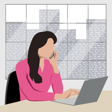 A faceless girl with a phone in her hand sits at a laptop in the office against the background of a window. Online education concept, business concept. Vector image