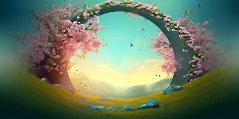 Beautiful enchanted landscape. Fantasy garden background. Magic meadow with spring blooming trees. Round frame with copy space in the middle. Fairy tale banner. AI generative - obrazy, fototapety, plakaty