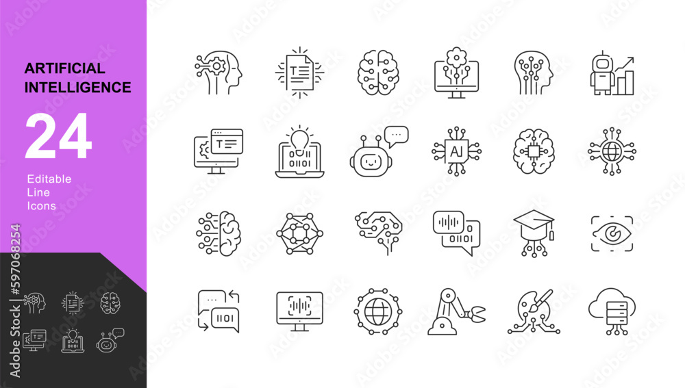 Wall mural artificial intelligence line editable icons set. vector illustration in modern thin line style icons