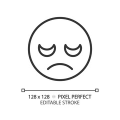 Obraz premium Disappointed emoji pixel perfect linear icon. Displeased customer feedback. Negative reaction on product. Thin line illustration. Contour symbol. Vector outline drawing. Editable stroke