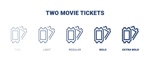two movie tickets icon. Thin, light, regular, bold, black two movie tickets icon set from cinema and theater collection. Editable two movie tickets symbol can be used web and mobile