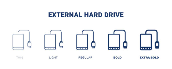external hard drive icon. Thin, light, regular, bold, black external hard drive icon set from hardware and equipment collection. Editable external hard drive symbol can be used web and mobile
