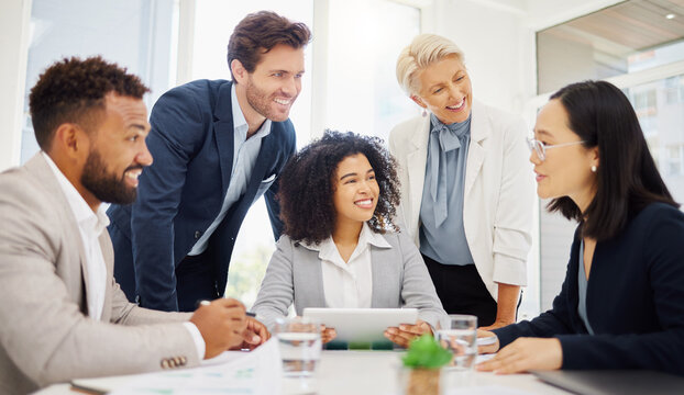 Diversity, Conversation And Happy Business People Listening To Investment Proposal, Corporate Innovation Plan Or Idea. Attention, Support And Research Team, Management Group Or Asian Person Talking