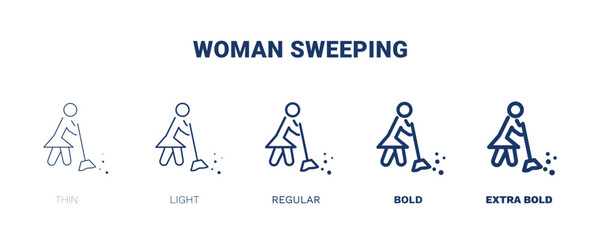 woman sweeping icon. Thin, light, regular, bold, black woman sweeping icon set from humans and behavior collection. Editable woman sweeping symbol can be used web and mobile