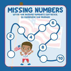 Missing numbers. Write the answer correctly. Educational printable math worksheet. Count and write activity. Counting practice. Vector file.