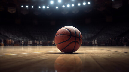 Basketball ball on arena, sport background. AI generated.