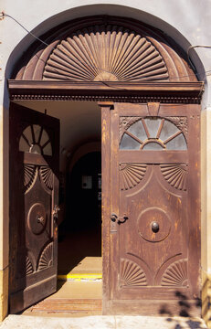 vintage door on the ancient facade. typical european architectural element