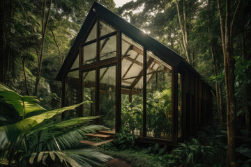 Fototapeta na wymiar Beautiful Small Ecological House with Large Windows in a Jungle Environment, generative AI