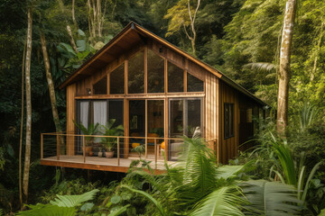 Beautiful Small Ecological House with Large Windows in a Jungle Environment, generative AI