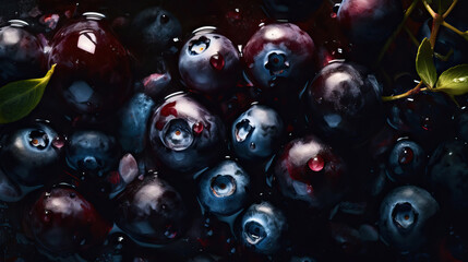 Fresh ripe huckleberry with water drops background. Berries backdrop. Generative AI