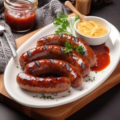 Flavorful grilled sausages on a wooden platter, topped with an assortment of sauces and herbs. Generative ai
