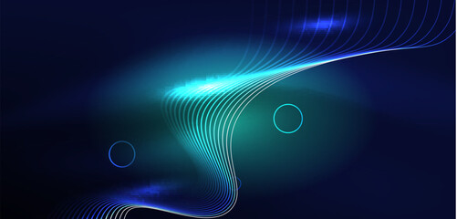 Neon laser lines, circles waves abstract background. Neon light or laser show, electric impulse, power lines, techno quantum energy impulse, magic glowing dynamic lines