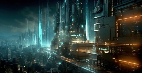 Fototapeta na wymiar Cyberpunk Urban Future. Futuristic Cityscape. Huge Neon Skyscrapers. Aerial view to a panorama of a futuristic city. Sci-fi wallpaper. Generative AI illustration.