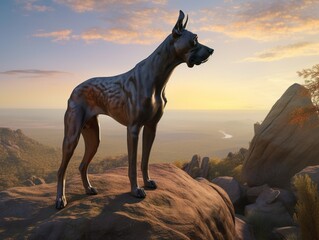 Obraz na płótnie Canvas A Majestic Great Dane Dog Surveys Vast Landscape from Rocky Perch and Standing Tall Amidst Golden Sunset Glow. Generative AI.
