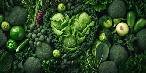 green vegetables background. Heart shape by vegetables. Green vegetables and leafy food background of fresh garden produce, organically grown as symbol of health. wide banner, generative AI