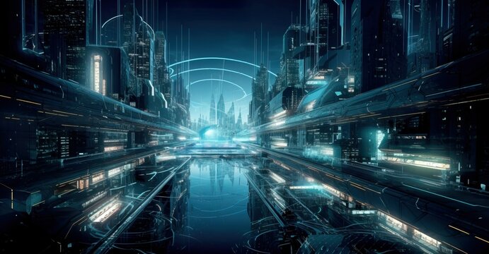 Cyberpunk Urban Future. Futuristic Cityscape. Huge Neon Skyscrapers. Aerial view to a panorama of a futuristic city. Sci-fi wallpaper. Generative AI illustration.