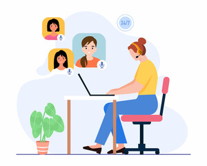 woman phone assistant is sitting at the desk and working on the laptop to solve customer problem, Online user or client support center.