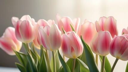 Close up of tulips on a light blurred background. Generated ai.