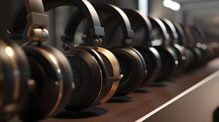 Obraz na płótnie Canvas A set of high-end headphones on display in a store Hyper- created with generative AI