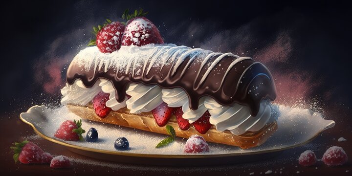 Chocolate eclair on a plate, adorned with berry syrup and powdered sugar, seen from the side. Generative AI