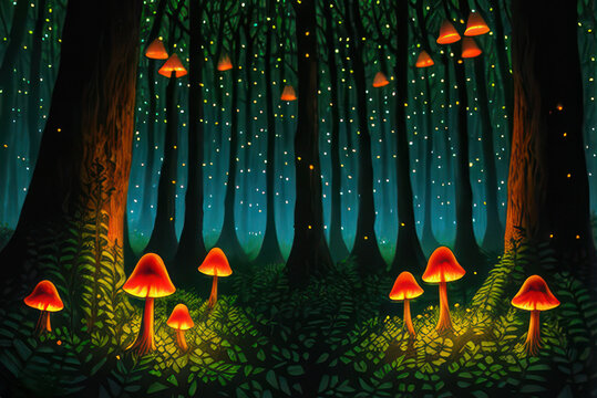 Magical forest with glowing toadstools and fireflies. Generative AI