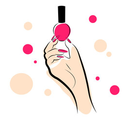 Pink nail polish in hand with pink manicure. Vector illustration isolated on white background. Doodle style illustration.