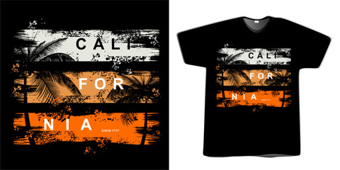 California Ocean side style t-shirt and trendy clothing design with palm tree silhouette, typography, ready to print, vector illustration. Global example. editable.