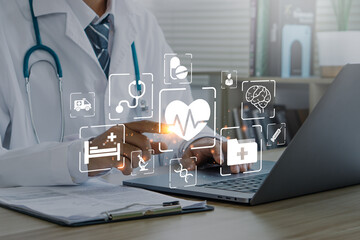 Medical technology concept.Medicine doctor with stethoscope touching icon medical network connection.Electronic medical record.digital healthcare. - obrazy, fototapety, plakaty