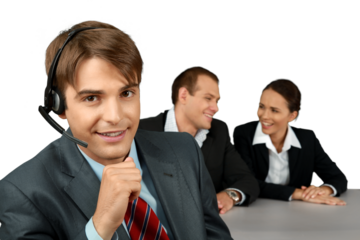 Businessman with Headset and Talking Collaborators in Backgrounds - Isolated