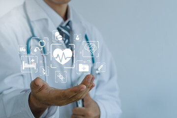 Fototapeta na wymiar Medical technology concept.Medicine doctor with stethoscope holding icon medical network connection.Electronic medical record.digital healthcare.
