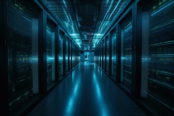 Obraz na płótnie Canvas A blue-lit corridor in a high-speed internet data center depicts data flow. Generative AI