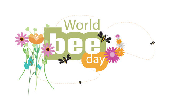 International bee day .May 20, English text, flowers and bees on white background.