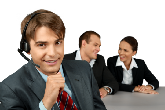 Businessman with Headset and Talking Collaborators in Backgrounds - Isolated