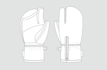 Accessory design, black and white flat sketch of winter ski or snowboard gloves. color technical drawing template of men's and women's mittens for winter