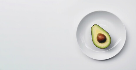 white plate with avocado on gray background. Created with Generative AI