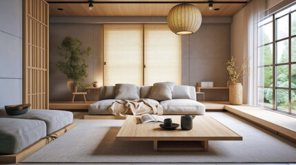 Living room for interior architecture with Japan style, Zen-like simplicity with clean lines and neutral colors, Minimalist and serene
