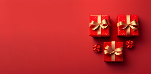 illustration of red gift boxes with gold colored ribbon on red background. Created with Generative AI