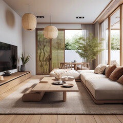 Living room for interior architecture with Japan style, Zen-like simplicity with clean lines and neutral colors, Minimalist and serene